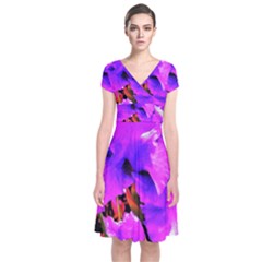 Abstract Ultra Violet Purple Iris On Red And Pink Short Sleeve Front Wrap Dress by myrubiogarden