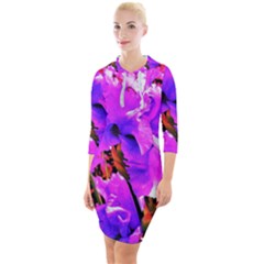 Abstract Ultra Violet Purple Iris On Red And Pink Quarter Sleeve Hood Bodycon Dress by myrubiogarden