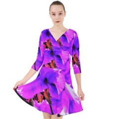 Abstract Ultra Violet Purple Iris On Red And Pink Quarter Sleeve Front Wrap Dress by myrubiogarden