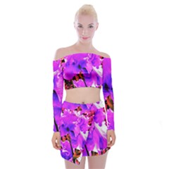 Abstract Ultra Violet Purple Iris On Red And Pink Off Shoulder Top With Mini Skirt Set by myrubiogarden