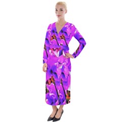 Abstract Ultra Violet Purple Iris On Red And Pink Velvet Maxi Wrap Dress by myrubiogarden