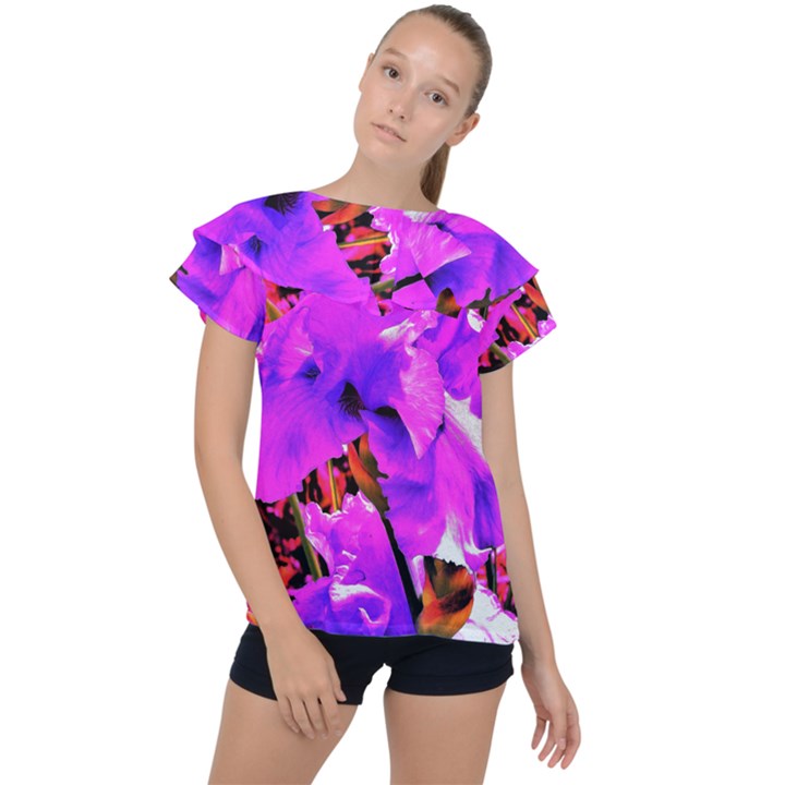 Abstract Ultra Violet Purple Iris On Red And Pink Ruffle Collar Chiffon Blouse