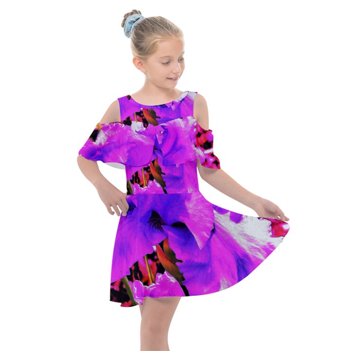 Abstract Ultra Violet Purple Iris On Red And Pink Kids  Shoulder Cutout Chiffon Dress