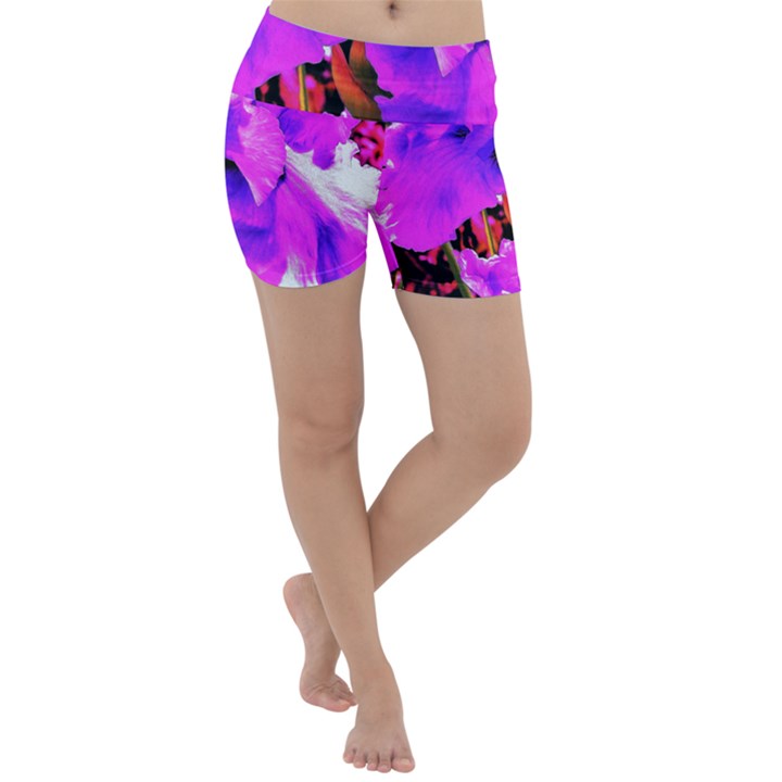 Abstract Ultra Violet Purple Iris On Red And Pink Lightweight Velour Yoga Shorts