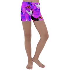 Abstract Ultra Violet Purple Iris On Red And Pink Kids  Lightweight Velour Yoga Shorts by myrubiogarden