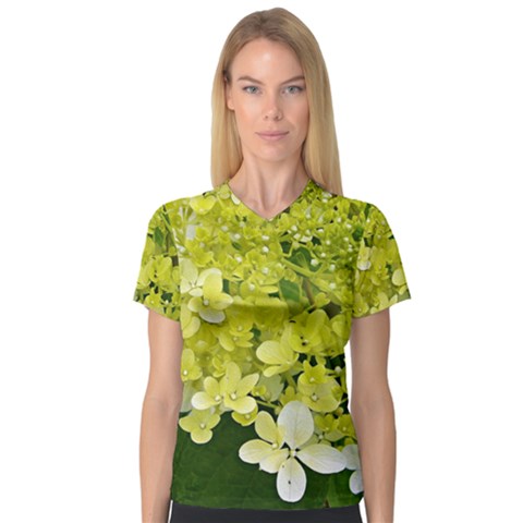 Elegant Chartreuse Green Limelight Hydrangea Macro V-neck Sport Mesh Tee by myrubiogarden