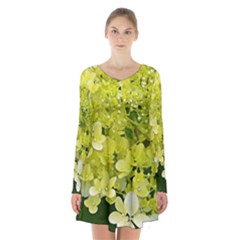 Elegant Chartreuse Green Limelight Hydrangea Macro Long Sleeve Velvet V-neck Dress by myrubiogarden