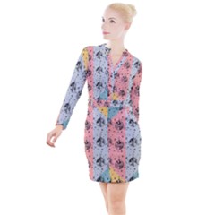 Abstract Christmas Balls Pattern Button Long Sleeve Dress