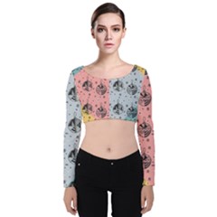 Abstract Christmas Balls Pattern Velvet Long Sleeve Crop Top