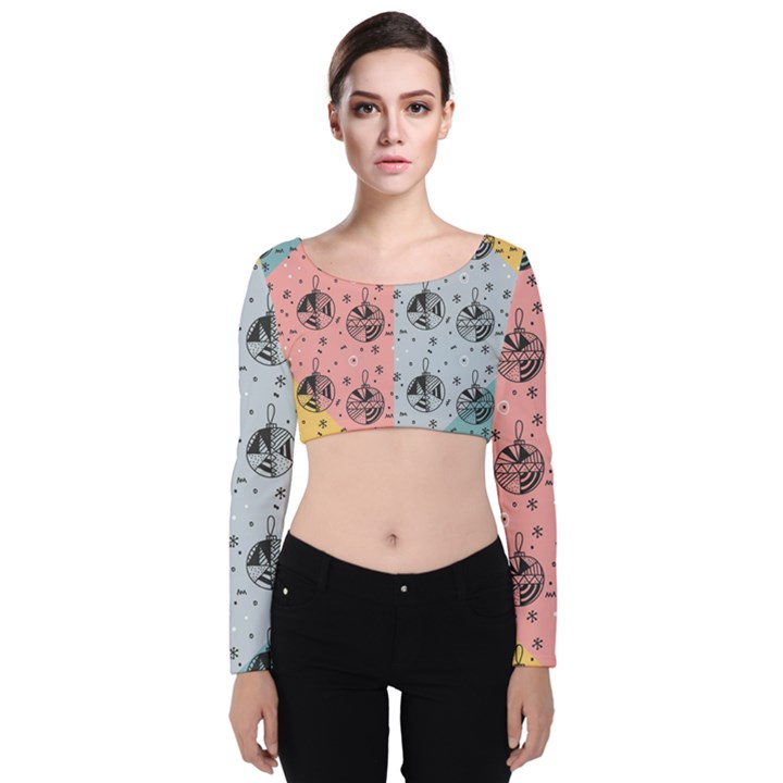 Abstract Christmas Balls Pattern Velvet Long Sleeve Crop Top