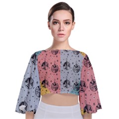 Abstract Christmas Balls Pattern Tie Back Butterfly Sleeve Chiffon Top