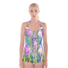 Abstract Oriental Lilies In My Rubio Garden Boyleg Halter Swimsuit  by myrubiogarden