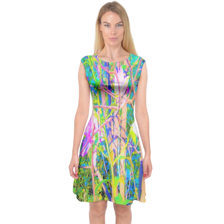 Abstract Oriental Lilies In My Rubio Garden Capsleeve Midi Dress