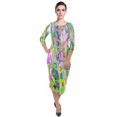 Abstract Oriental Lilies In My Rubio Garden Quarter Sleeve Midi Velour Bodycon Dress