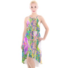 Abstract Oriental Lilies In My Rubio Garden High-low Halter Chiffon Dress 