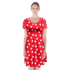 Christmas Pattern White Stars Red Short Sleeve V-neck Flare Dress by Mariart