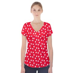 Christmas Pattern White Stars Red Short Sleeve Front Detail Top