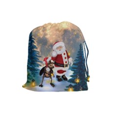 Merry Christmas, Santa Claus With Funny Cockroach In The Night Drawstring Pouch (large) by FantasyWorld7