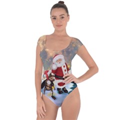 Merry Christmas, Santa Claus With Funny Cockroach In The Night Short Sleeve Leotard  by FantasyWorld7