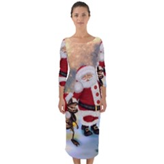 Merry Christmas, Santa Claus With Funny Cockroach In The Night Quarter Sleeve Midi Bodycon Dress by FantasyWorld7