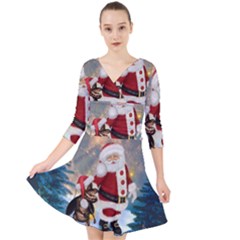 Merry Christmas, Santa Claus With Funny Cockroach In The Night Quarter Sleeve Front Wrap Dress by FantasyWorld7