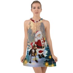 Merry Christmas, Santa Claus With Funny Cockroach In The Night Halter Tie Back Chiffon Dress by FantasyWorld7