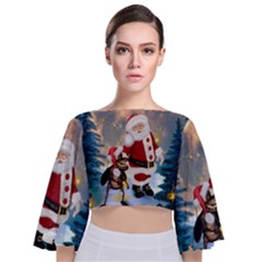 Merry Christmas, Santa Claus With Funny Cockroach In The Night Tie Back Butterfly Sleeve Chiffon Top by FantasyWorld7