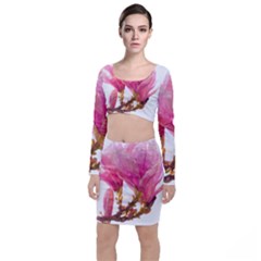 Wild Magnolia Flower, Watercolor Art Long Sleeve Crop Top & Bodycon Skirt Set by picsaspassion