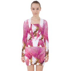 Wild Magnolia Flower, Watercolor Art V-neck Bodycon Long Sleeve Dress by picsaspassion