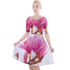 Wild Magnolia Flower, Watercolor Art Quarter Sleeve A-line Dress by picsaspassion