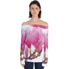 Wild Magnolia Flower, Watercolor Art Off Shoulder Long Sleeve Top by picsaspassion