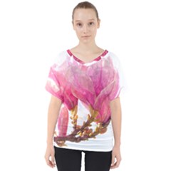 Wild Magnolia Flower, Watercolor Art V-neck Dolman Drape Top by picsaspassion