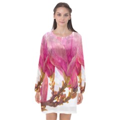 Wild Magnolia Flower, Watercolor Art Long Sleeve Chiffon Shift Dress  by picsaspassion