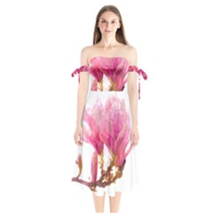 Wild Magnolia Flower, Watercolor Art Shoulder Tie Bardot Midi Dress by picsaspassion