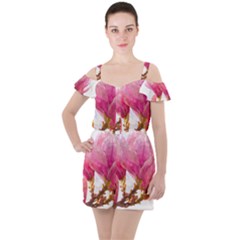 Wild Magnolia Flower, Watercolor Art Ruffle Cut Out Chiffon Playsuit by picsaspassion