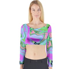 Retro Pink And Light Blue Liquid Art On Hydrangea Garden Long Sleeve Crop Top by myrubiogarden