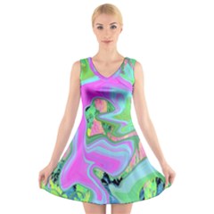 Retro Pink And Light Blue Liquid Art On Hydrangea Garden V-neck Sleeveless Dress by myrubiogarden