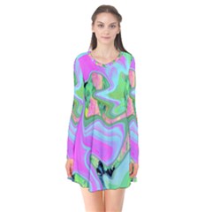 Retro Pink And Light Blue Liquid Art On Hydrangea Garden Long Sleeve V-neck Flare Dress by myrubiogarden