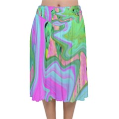 Retro Pink And Light Blue Liquid Art On Hydrangea Garden Velvet Flared Midi Skirt by myrubiogarden