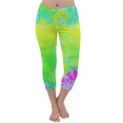 Fluorescent Yellow And Pink Abstract Garden Foliage Capri Winter Leggings  by myrubiogarden