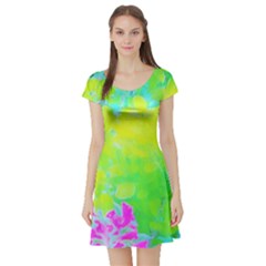 Fluorescent Yellow And Pink Abstract Garden Foliage Short Sleeve Skater Dress by myrubiogarden