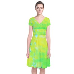 Fluorescent Yellow And Pink Abstract Garden Foliage Short Sleeve Front Wrap Dress by myrubiogarden