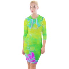 Fluorescent Yellow And Pink Abstract Garden Foliage Quarter Sleeve Hood Bodycon Dress by myrubiogarden