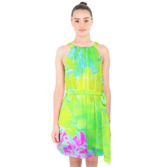 Fluorescent Yellow And Pink Abstract Garden Foliage Halter Collar Waist Tie Chiffon Dress by myrubiogarden