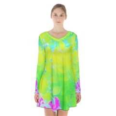 Fluorescent Yellow And Pink Abstract Garden Foliage Long Sleeve Velvet V-neck Dress by myrubiogarden