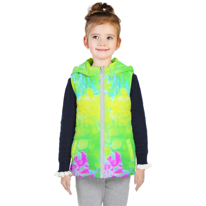 Fluorescent Yellow And Pink Abstract Garden Foliage Kid s Hooded Puffer Vest