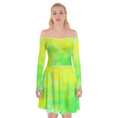 Fluorescent Yellow And Pink Abstract Garden Foliage Off Shoulder Skater Dress by myrubiogarden