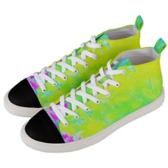 Fluorescent Yellow And Pink Abstract Garden Foliage Men s Mid-top Canvas Sneakers by myrubiogarden