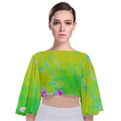 Fluorescent Yellow And Pink Abstract Garden Foliage Tie Back Butterfly Sleeve Chiffon Top by myrubiogarden