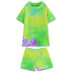 Fluorescent Yellow And Pink Abstract Garden Foliage Kids  Swim Tee And Shorts Set by myrubiogarden